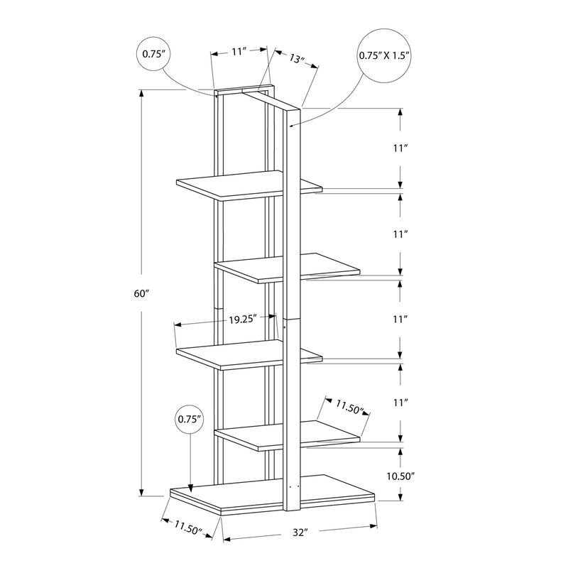 Monarch Specialties I 7233 Bookshelf, Bookcase, Etagere, 5 Tier, 60"H, Office, Bedroom, Metal, Laminate, White, Grey, Contemporary, Modern