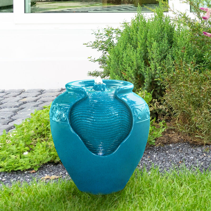 Teamson Home Outdoor Glazed Pot Floor Fountain with LED Lights, Teal