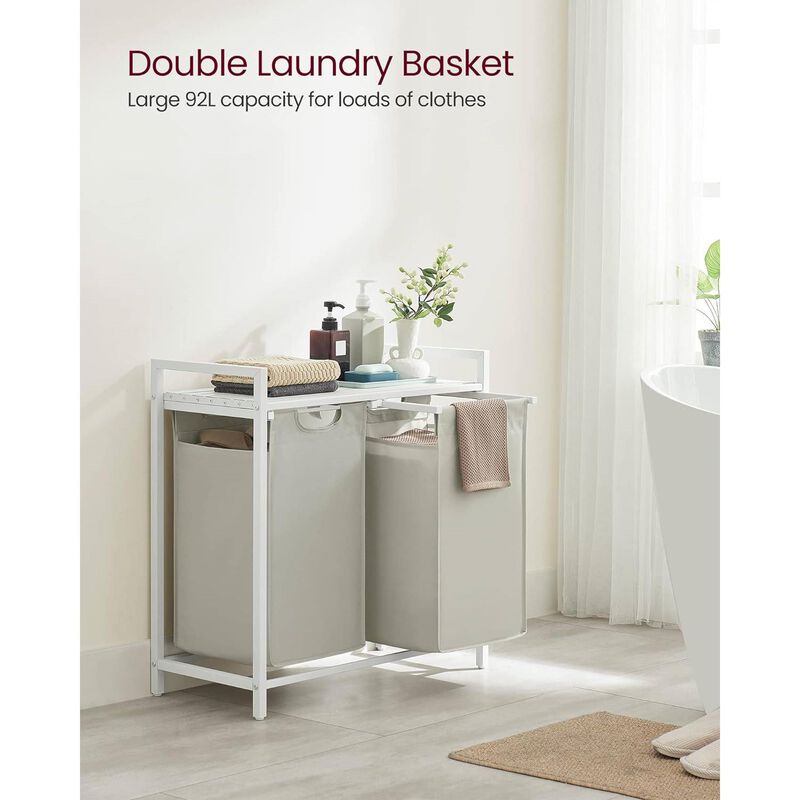 2-Basket Laundry Hamper Sorter With Removable Bags and Top Storage Shelf
