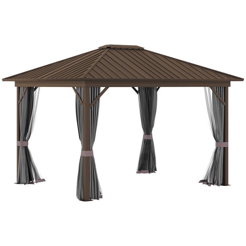 Grey Backyard Shelter: 10x12 Aluminum Hardtop Gazebo with Curtains
