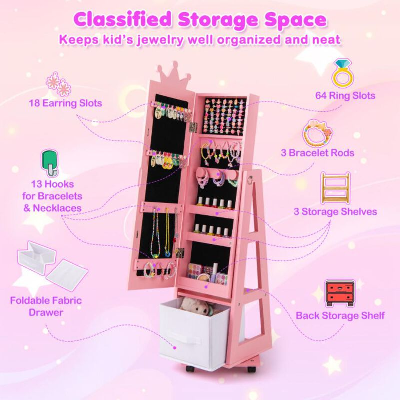 Hivvago Kids Jewelry Armoire Cabinet with Swivel Base and Lockable Universal Wheels