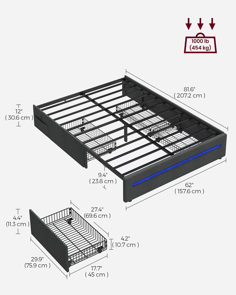 LED Bed Frame Full Size with 4 Drawers and Charging Station