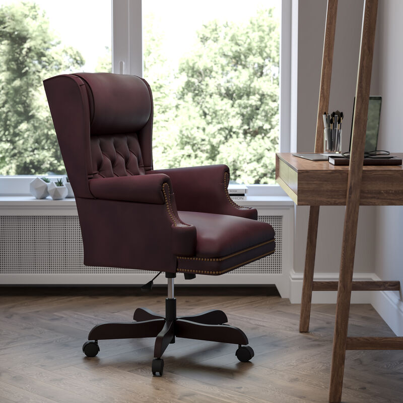 Ainslie High Back Traditional Tufted Brown LeatherSoft Executive Ergonomic Office Chair with Oversized Headrest & Nail Trim Arms