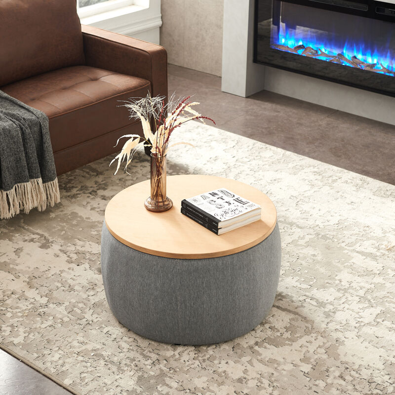 Round Storage Ottoman, 2 In 1 Function, Work As End Table And Ottoman, Dark