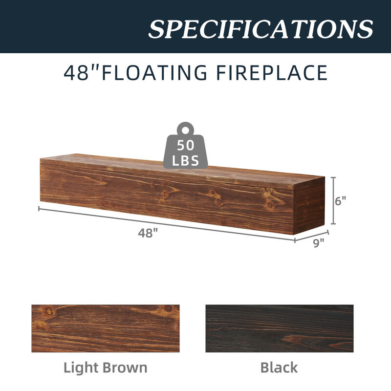 48" Rustic Wood Fireplace Mantel, Wall-Mounted & Floating Shelf For Home Decor