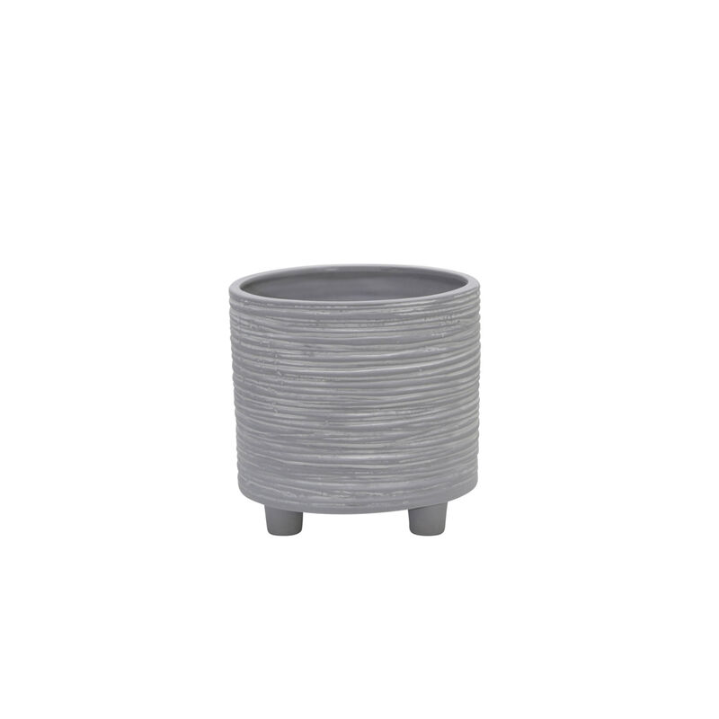 Footed Planter with Lines Gray