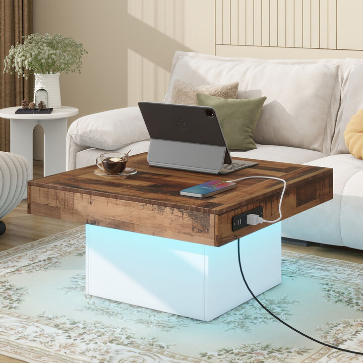 Merax Farmhouse Coffee Table with 2 USB Ports and LED Light