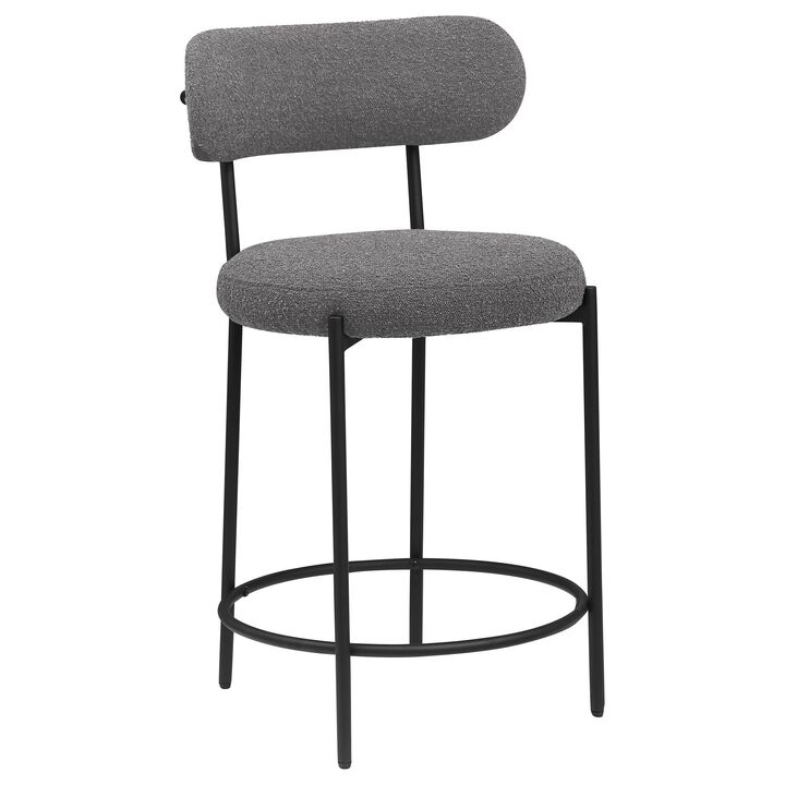 Winona Counter Height Chair Set of 2, Gray Boucle, Black Metal 25 Inch - Benzara