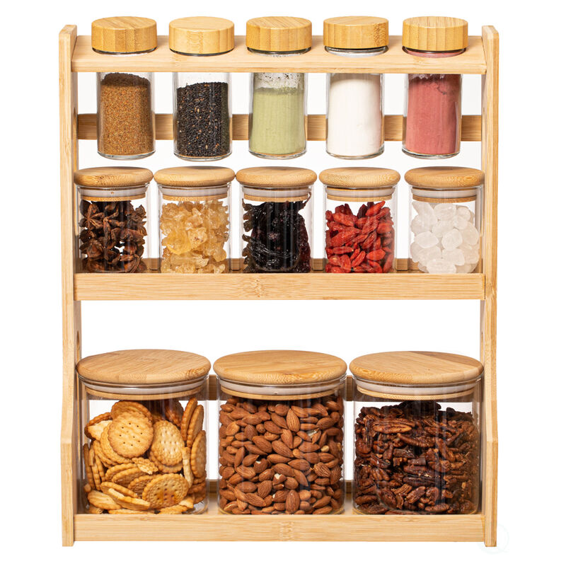 Basicwise Versatile 3-Tier Bamboo Spice Rack and Pantry Organizer with 13 Glass Jars – Perfect for Countertop Storage in Kitchens to Keep  Seasoning Containers Neatly Displayed and Easily Accessible