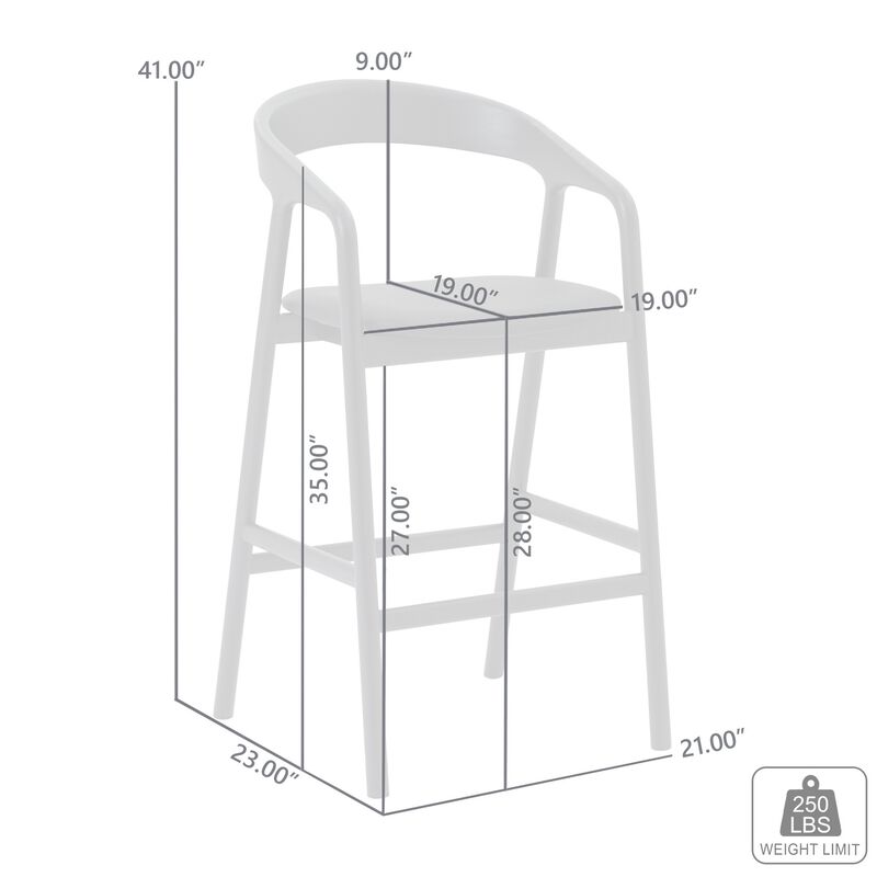 Agas Bar Stool Chair, Curved Back, Faux Leather Upholstery, Black Oak Wood - Benzara