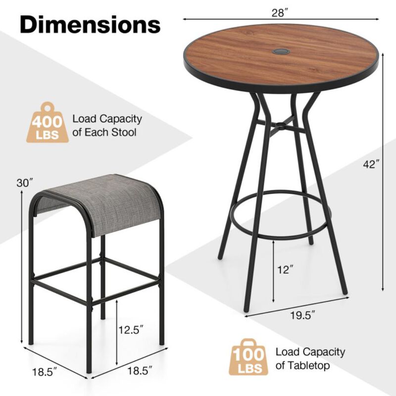 Hivvago 3 Pieces Outdoor Round Bar Table Set with 1.6 Inches Umbrella Hole