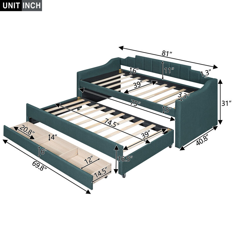 Merax Upholstered Daybed with Trundle and Drawers