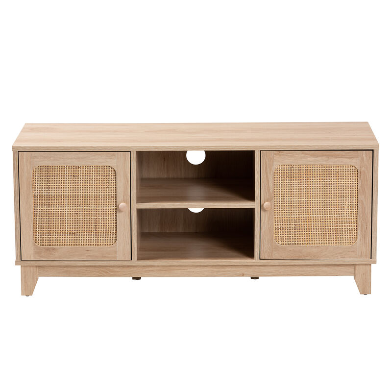 Baxton Studio Elsbeth  Light Brown Finished Wood and Natural Rattan 2 Door TV Stand