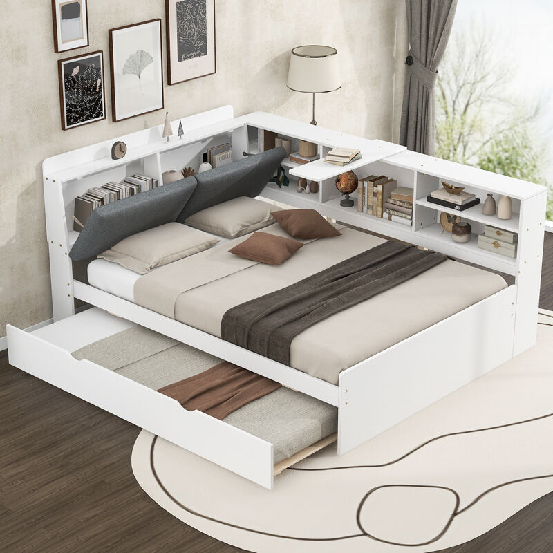 Merax Platform Bed with Trundle and Storage Headboard