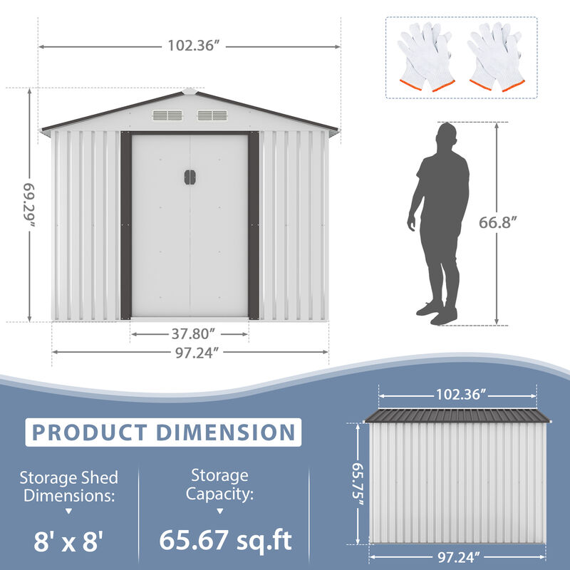 8’ x 8’ Outdoor Gable Steel Storage Shed Large Tool Organizer for Backyard Garden Furniture