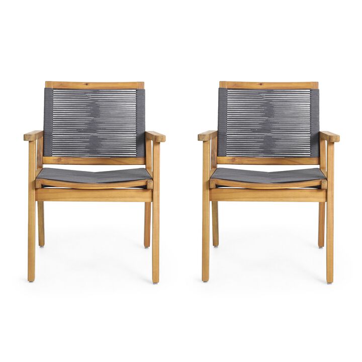 Outdoor Dining Chair Set of 2, 35 Inch Gray Woven, Brown Acacia Wood - Benzara