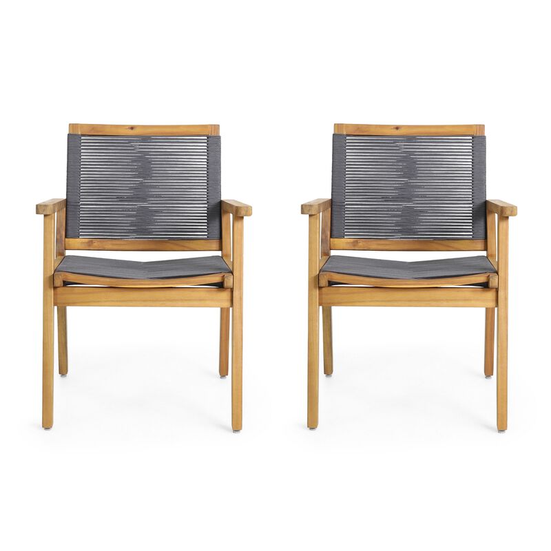 Outdoor Dining Chair Set of 2, 35 Inch Gray Woven, Brown Acacia Wood - Benzara