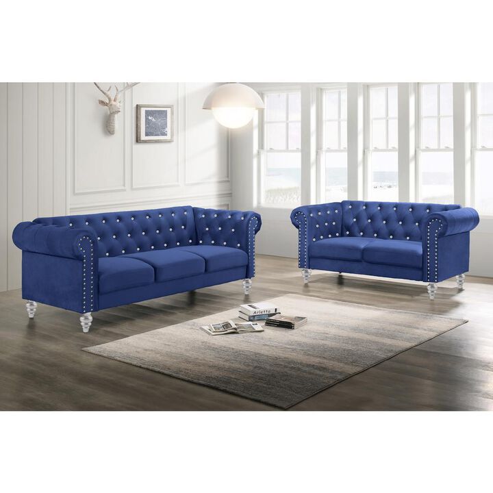 New Classic Furniture Emma 2-Piece Crystal Velvet Fabric Loveseat & Sofa Set in Royal Blue