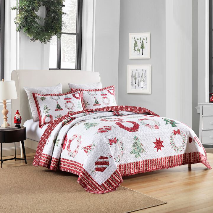 Marcielo 3 Pcs Winter Red Candy Christmas Quilt Bedspread Set