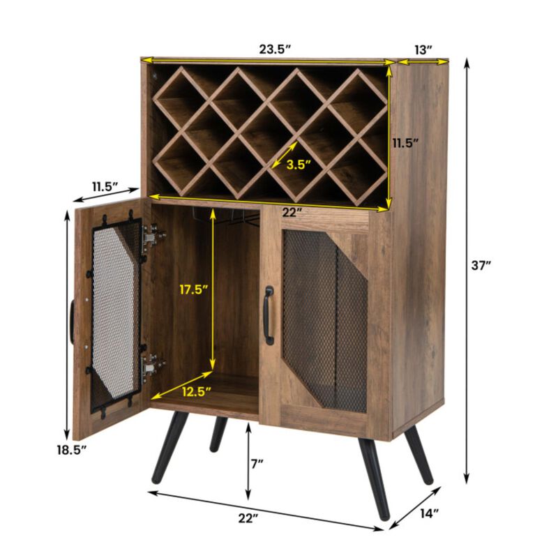Hivvago 2-Door Farmhouse Kitchen Storage Bar Cabinet with Wine Rack and Glass Holder-Rustic Brown