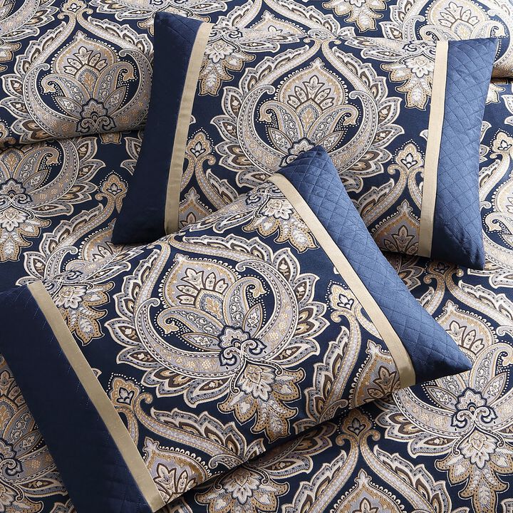 Nova 9 Piece Polyester Queen Comforter Set, Gold Damask Print, Navy Blue - Benzara