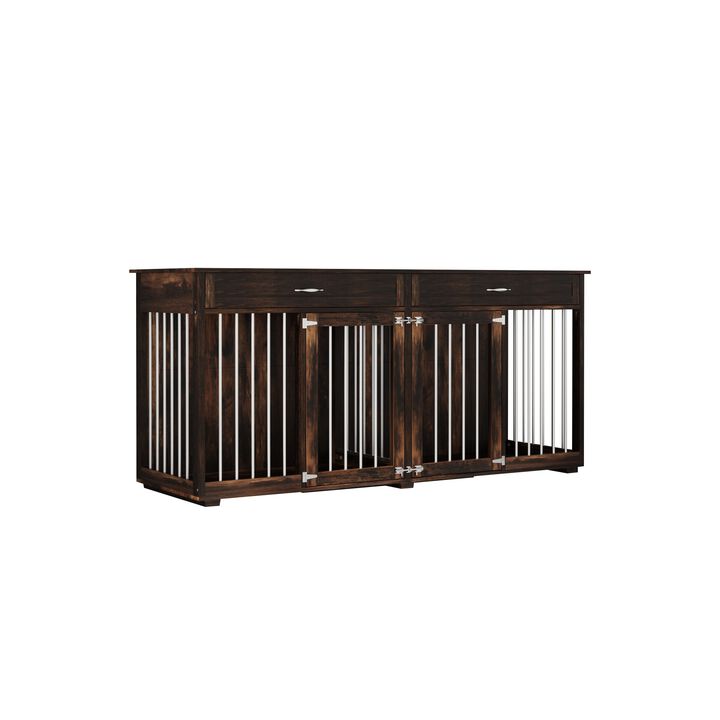 Large Wooden Dog House with Drawers and Divider Indoor Furniture Style Dog Crate Dark Tiger Skin Dog Cage for L M S Dogs