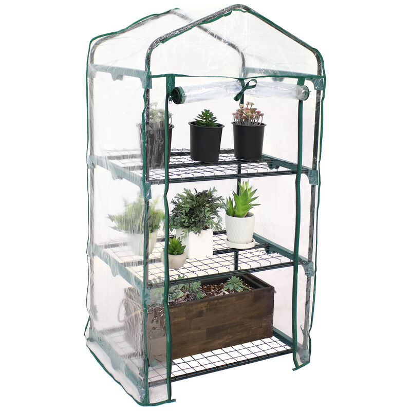 Sunnydaze Iron PVC Cover Mini Greenhouse with 3 Shelves/Zipper - Clear