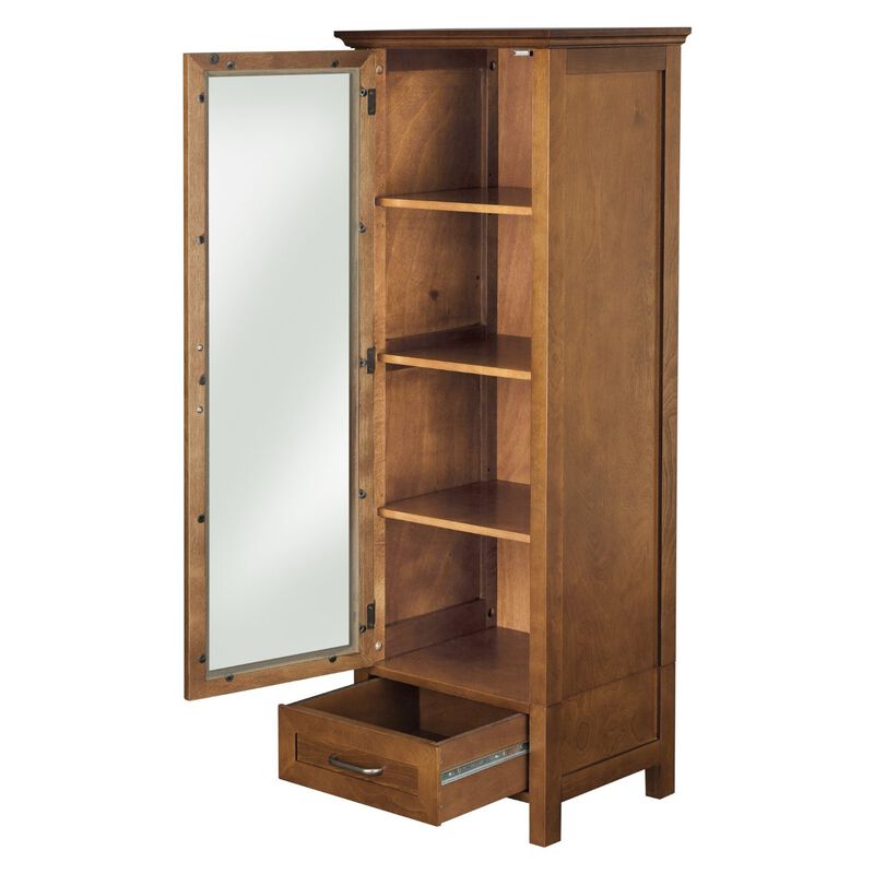 Hivvago Oak Finish Linen Tower Glass Door Bathroom Storage Cabinet w/ Drawer