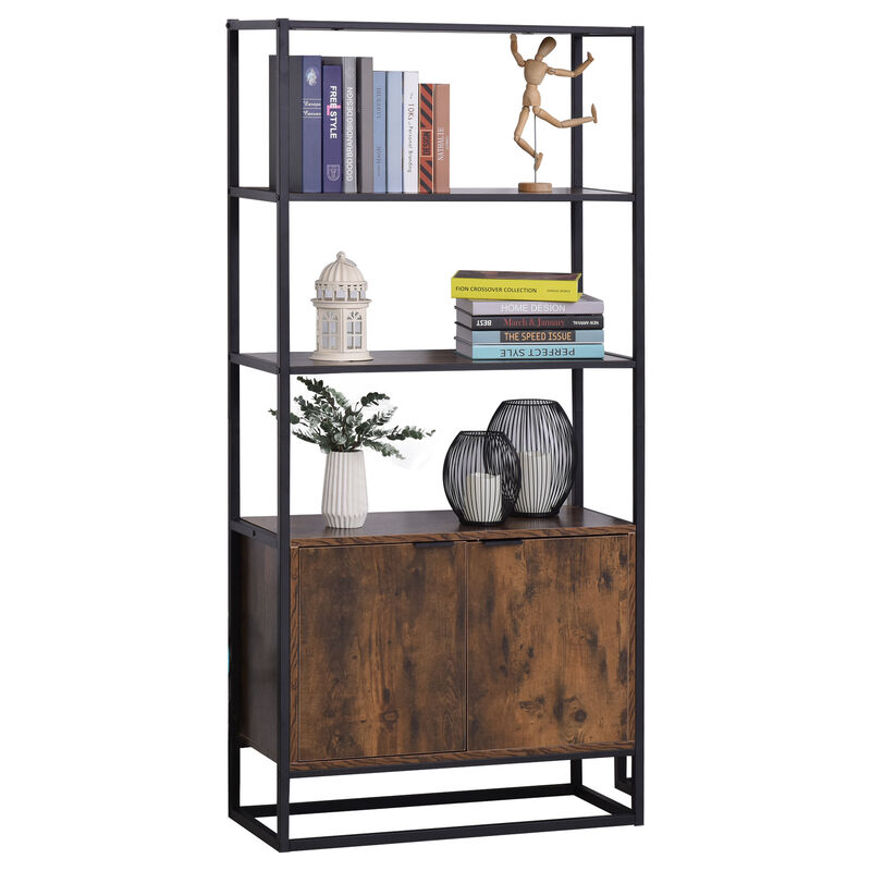 Tall Wooden Rustic 3-Tier Open Space Shelving with Bottom Hutch Storage Unit