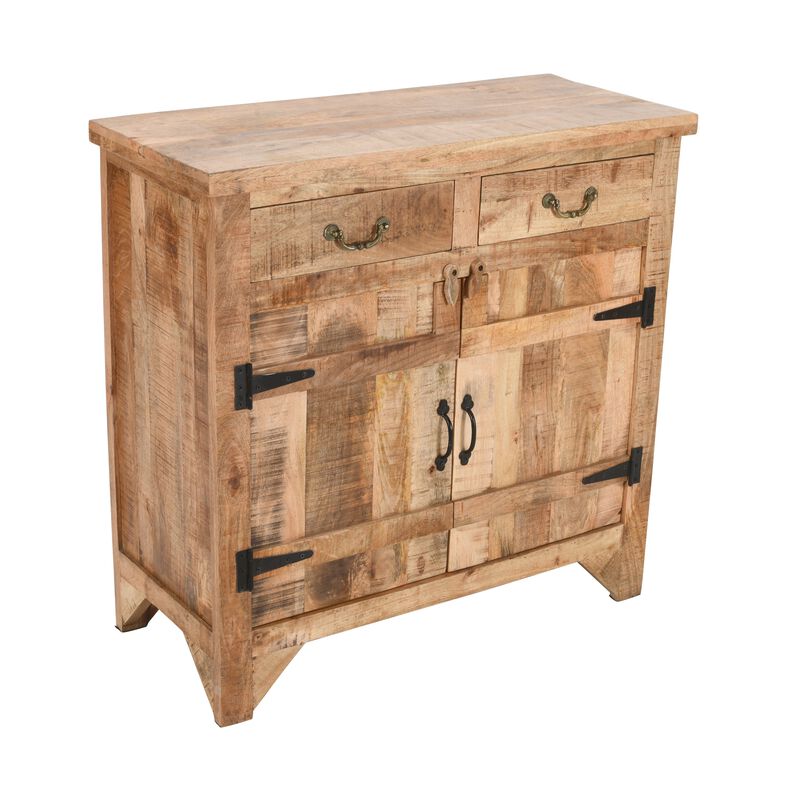 39 Inch Artisanal Farmhouse Style 2 Drawer Mango Wood Cabinet Console with 2 Door Storage, Rustic Brown - Benzara