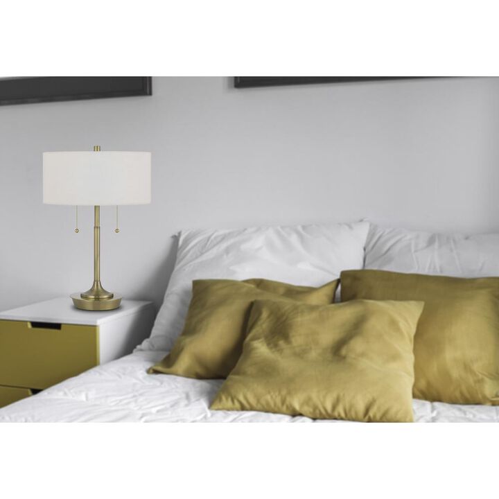 HomeRoots 20 Antiqued Brass Metal Two Light Table Lamp With White Drum Shade