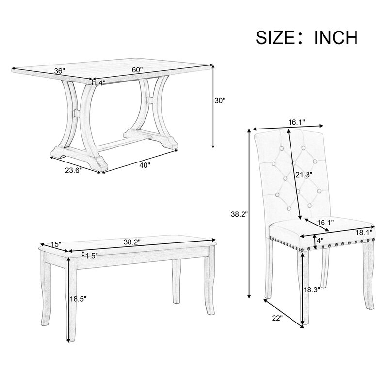 6-Piece Farmhouse Dining Table Set, Rectangular Trestle Table And 4 Upholstered Chairs & Bench