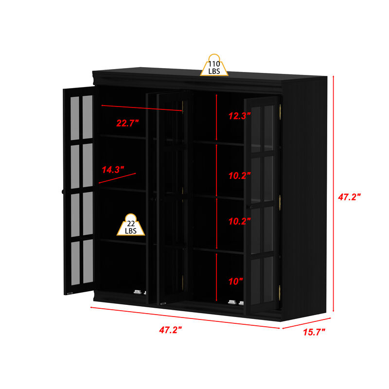 FUFU&GAGA Modern Black Glass Door Cabinet with Adjustable Shelves & Metal Handles (47.2" W x 15.7" D x 47.2" H), Black