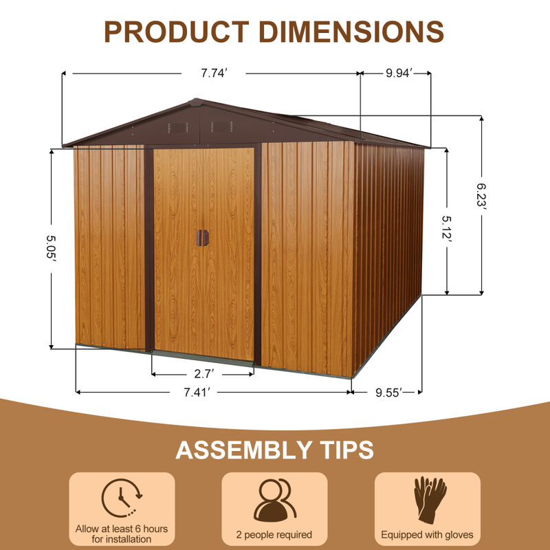 10FT X 8FT Outdoor Metal Storage Shed With Metal Floor Base, Coffee