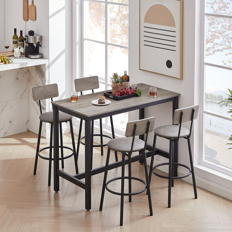 Bar Table Set With 4 Bar Stools PU Soft Seat With Backrest, Grey, 47.24" L X 23.62" W X 35.43"