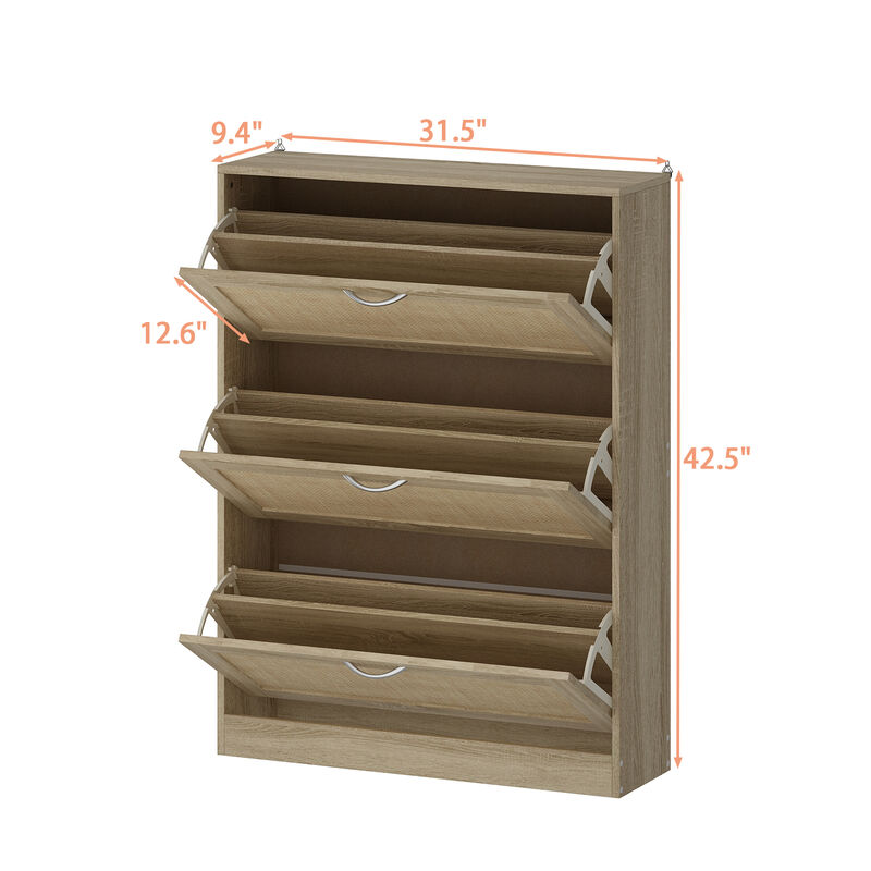 42.5 in. H x 31.5 in. W Burly Wood Color Wooden Shoe Storage Cabinet with 3 Large Drawers and 6 Shelves in Total