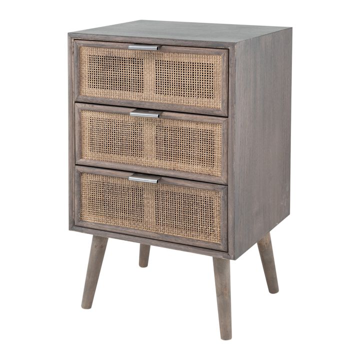 Cae 28 Inch Dresser Chest, 3 Drawers, Pine Wood, Rattan Panels, Dark Gray-Benzara