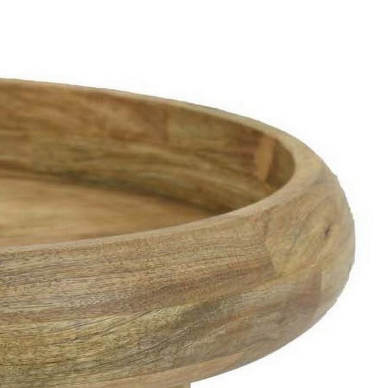 Remi 17 Inch Wood Decorative Bowl, Footed Pedestal Brown Solid Wood - Benzara