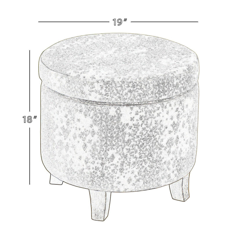 Fabric Upholstered Round Wooden Ottoman with Lift Off Lid Storage, Gray and Brown - Benzara