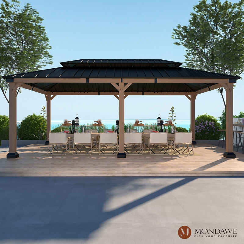 Mondawe 12 ft. x 20 ft. Outdoor Cedar Wood Frame Hardtop Gazebo Double Galvanized Steel Roof