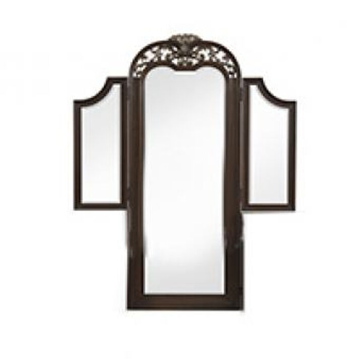 Liana 64 Inch Vanity Table Mirror, 3 Panels, Crown Carvings and Scrollwork - Benzara