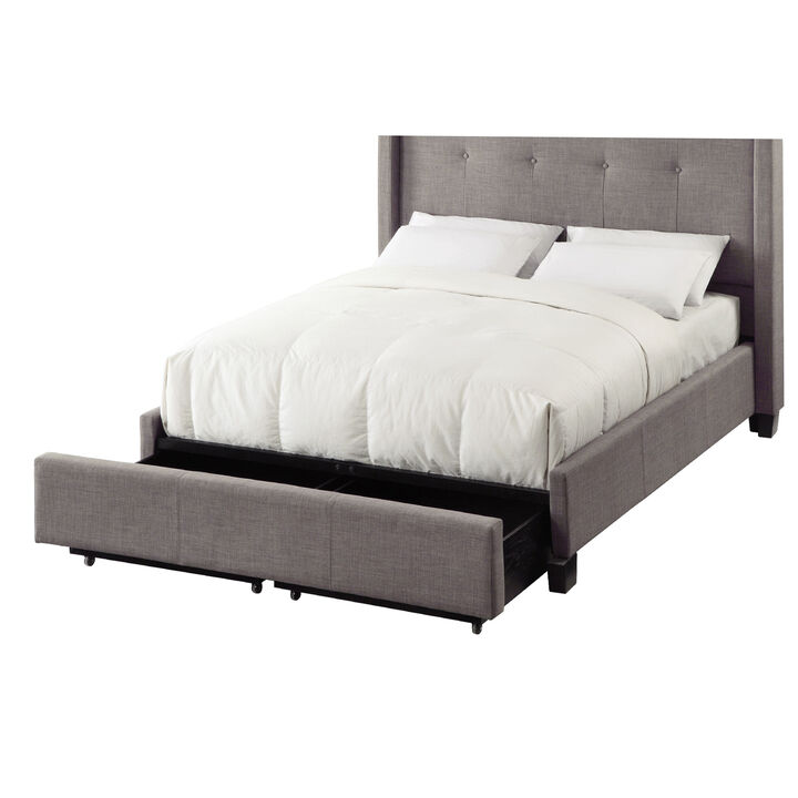 Adams Low Profile Queen Bed, Tufted Linen, Wide Storage, Gray - Benzara