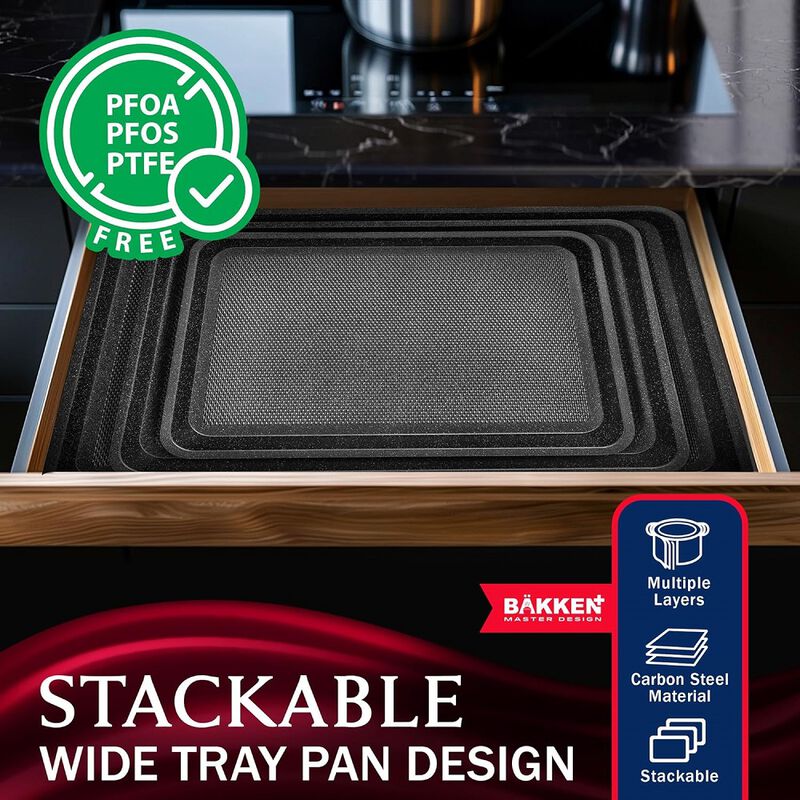 BAKKEN Kitchen Baking Pans - Small, Medium, and Large Cookie Pan (13.58×9.65, 15.75×11, 17.91×12.60), Nonstick, Diamond Texture Bottom,