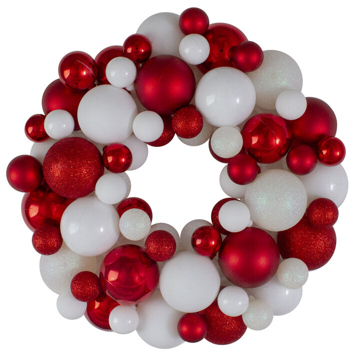 Red and White 3-Finish Shatterproof Ball Christmas Wreath  13-Inch