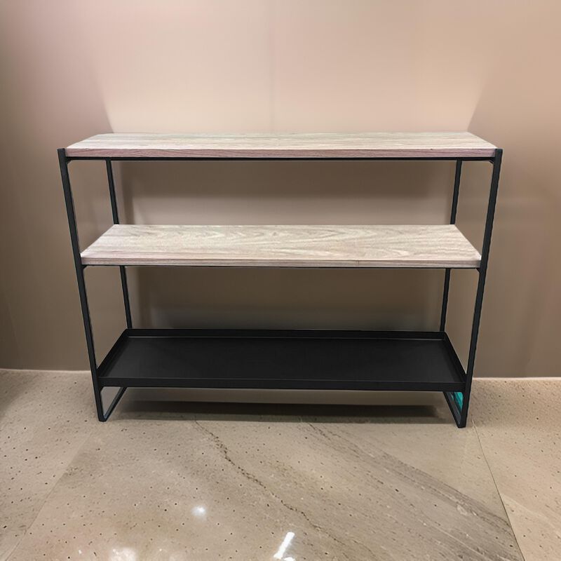 Evon 40 Inch Shelving Unit, Natural Brown Wood Top, 3 Shelves, Black Metal - Benzara