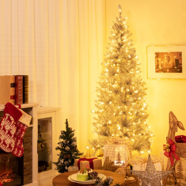 Hivvago 6/7 FT Pre-Lit Artificial Silver Tinsel Xmas Tree with 790 Branch Tips and 300 LED Lights