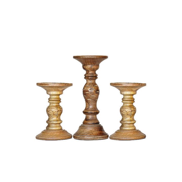 Traditional Medium Burnt Eco-friendly Handmade Mango Wood Set Of Three 6",9" & 6" Pillar Candle Holder
