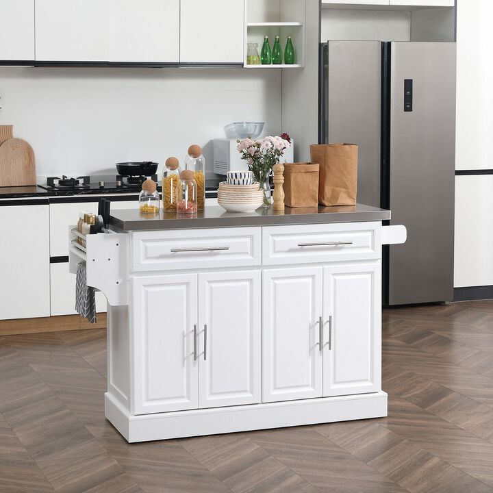 White Kitchen Helper: Portable Cart with Stainless Steel Top