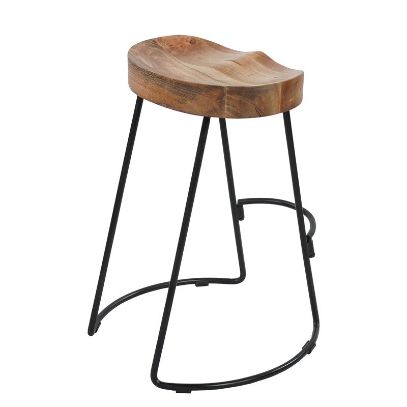 24 Inch Handcrafted Backless Barstool, Natural Brown Mango Wood Thick Saddle Seat, Black Iron Base - Benzara