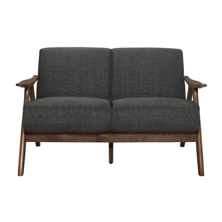 Indy 51 Inch Loveseat, Brown Rubberwood Angled Frame, Textured Gray Fabric - Benzara